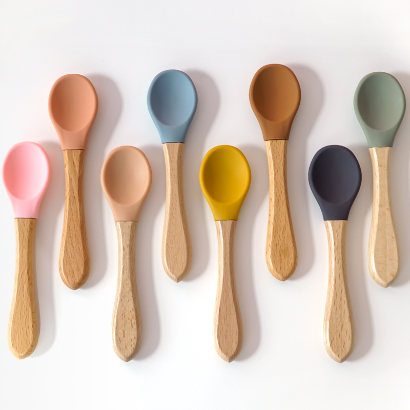 Baby Food Dispensing Spoon - Voeden Houten Handvat Siliconen Lepel Voor